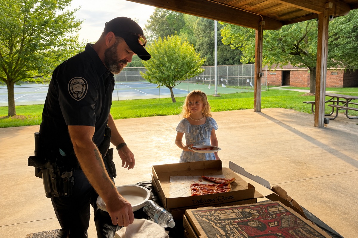 Officer sharing pizza with a child at a community event
